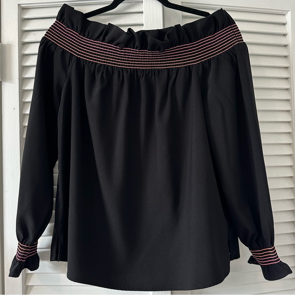 Crown & Ivy Off The Shoulder Blouse Top 
Black w/ Pink & Orange Smocking Medium